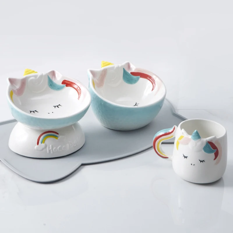 Unicorn cat bowl ceramic protection cervical spine drinking and foof bowl oblique mouth cat food basin high foot
