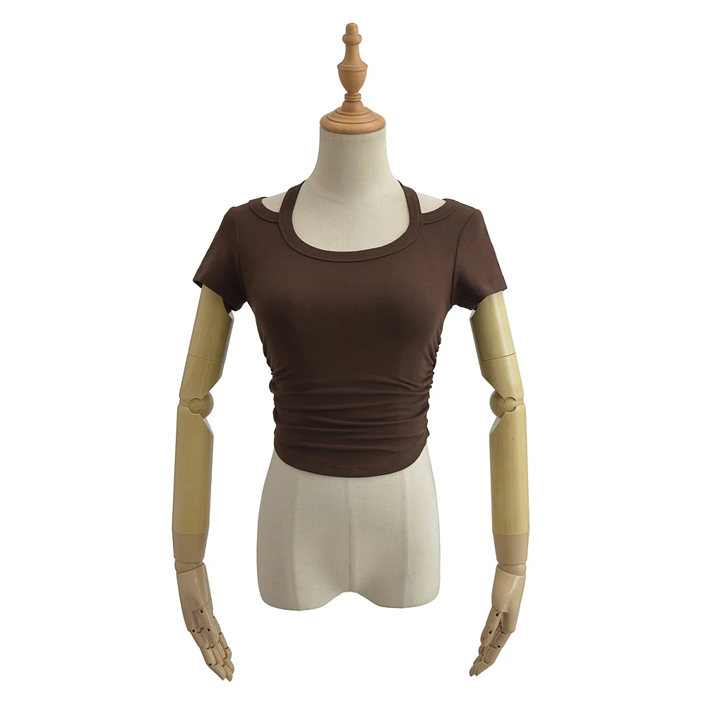 Women Short Sleeve Cropped Cotton T-shirt With Halter Collar And Side Folds Detail