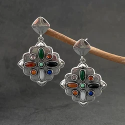 New Retro Ethnic Style Antique Silver Pattern Paired With Exotic Colorful Gemstone Earrings