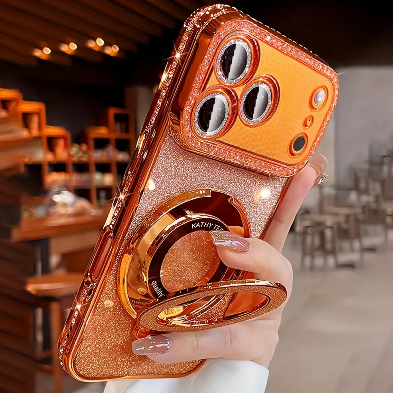 Luxury Diamond Gradient Glitter Ring Holder Phone Case with Plating Metal Bracket and Shockproof Cover
