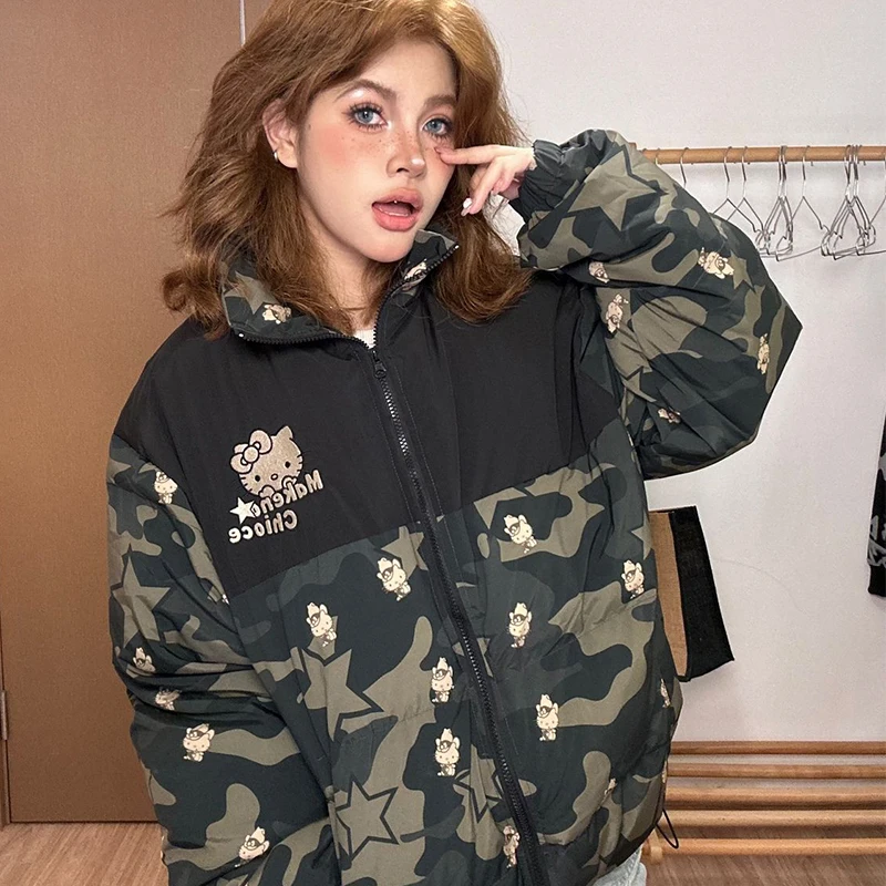 

Оригинальная камуфляжная хлопковая одежда Sanrio в американском стиле Hello Kitty для мужчин и женщин, зимнее модное хлопковое пальто в стиле аниме для пар, Y2K