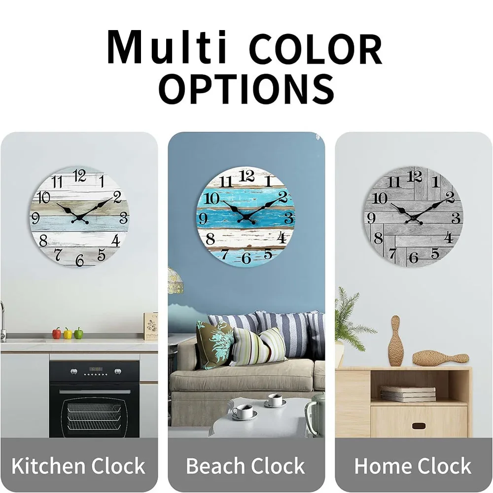 10Inch Silent Non-Ticking Wall Clocks Coastal Country Style Living Room Kitchen Bathroom Bedroom Laundry Room