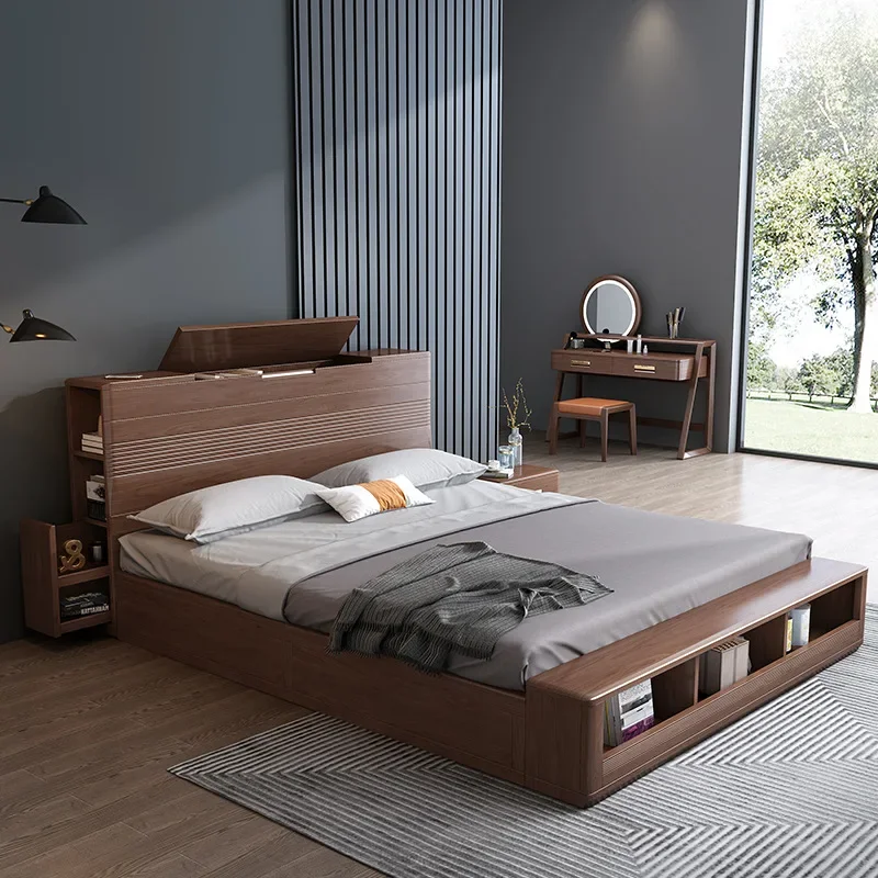 

light luxury German walnut master bedroom high box storage storage all solid wood bed double bed modern minimalist 1.8 meters