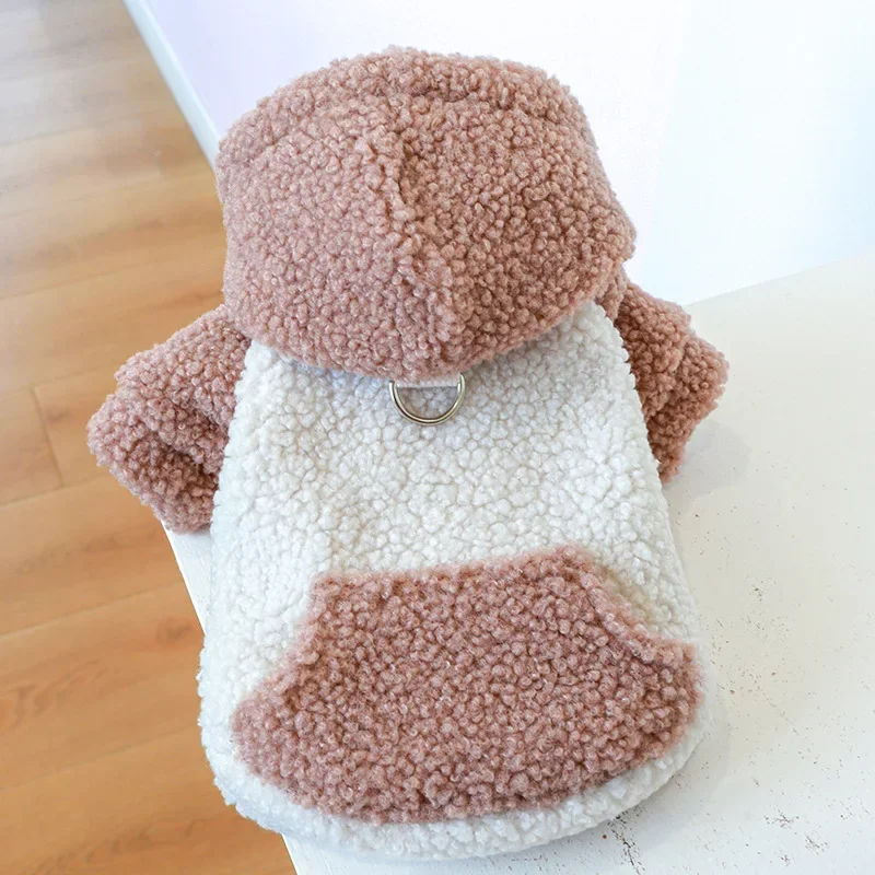 Pet Clothing for Autumn Winter Creative Warm Plush Hoodie Warm Color To Keep Cold Resistant Lambing Plush Traction Hoodie