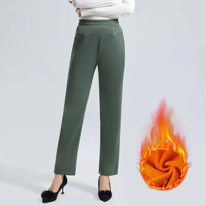 Autumn and Winter Women's Patchwork High Waist Pocket Solid Color Fashion Plush Thickened Loose Commuter Straight Leg Pants