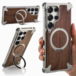 Elegant Eary Wood Magnetic Phone Case with 360° Rotating Stand and Frameless Protective Cover - Galaxy S25 Ultra (Natural)