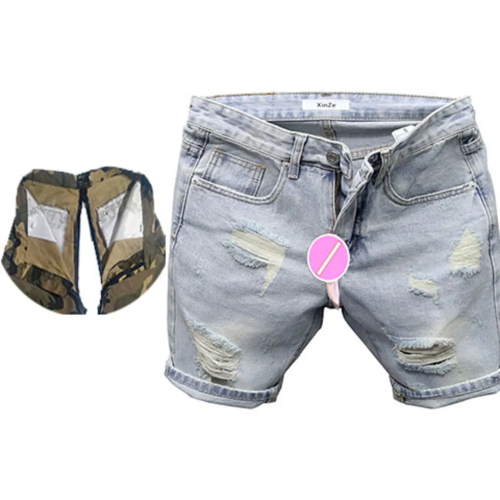 Summer Outdoor Invisible Open Crotch Sex Pants Light Blue Ripped Jeans Boyfriend Cargo Denim Pants Men Streetwear with Pockets