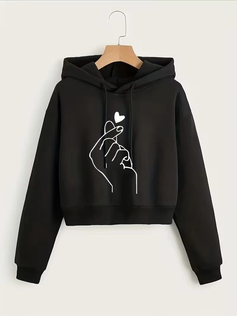 סווטשירט קצר עם הדפס יד ולב, חולצת הודי, סווטשירטים בסגנון קז'ואל לעונת הסתיו והחורף, בסגנון גותי