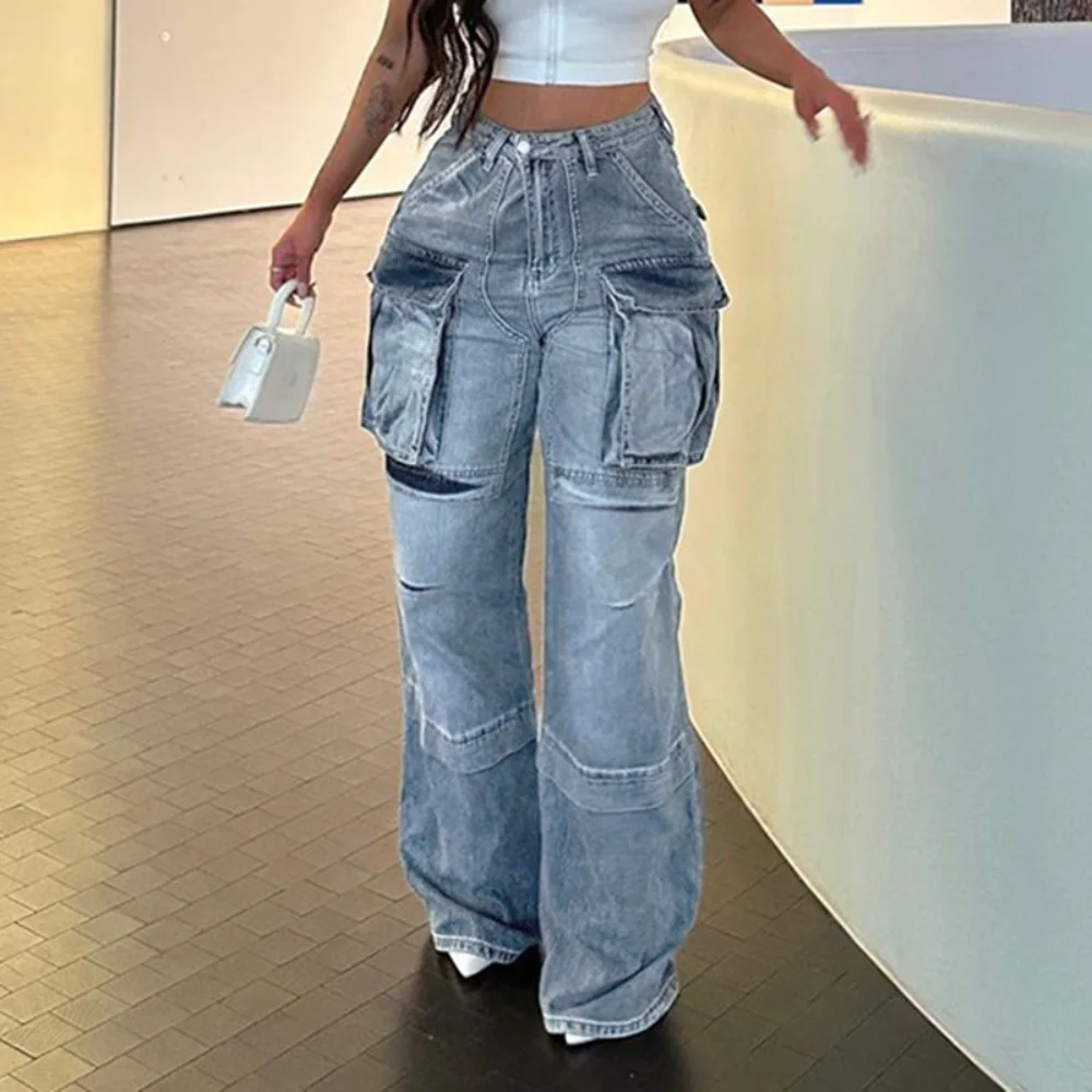 

Women's High-waisted Straight Jeans with Large Pocket, Personalized Workwear, American Fashion
