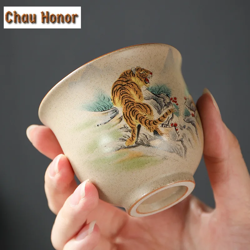 130ml Retro Coarse Pottery Tea Cup Zodiac Tiger Tea Cup Master Cup Tea Set Household Coffee Mugs Boutique Tea Bowl Drinkware Mug