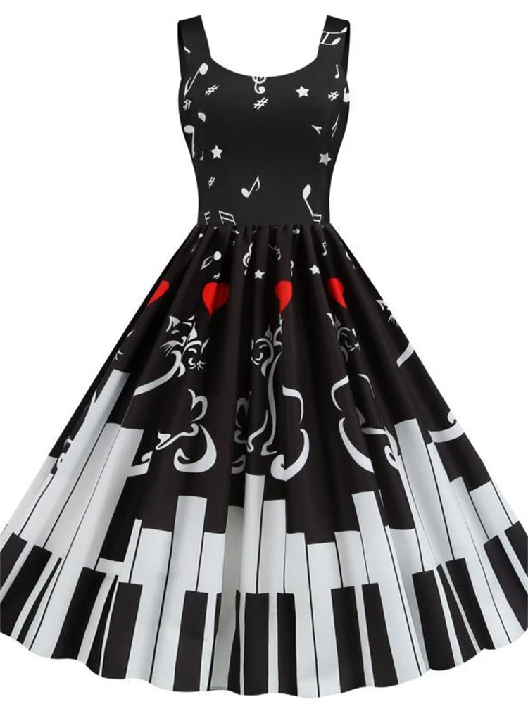 2022 New Sexy Music Note Print Women Party Dress Summer Spaghetti Strap