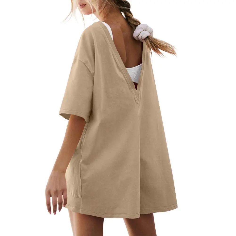 

Loose Fit Women Romper Stylish Summer Romper with Crotch Big Pockets for Women Soft Round Neck Short Sleeves Solid Color