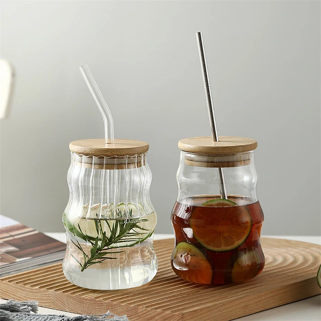 Glass Drinking Cup With Handle & Straw Glasses Mason Jar Lids Retro 400ml  Gift