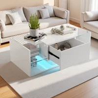 Table basse Superaly haute brillance, table de canapé blanche moderne avec éclairage LED, tiroir et compartiment ouvert, table d'appoint 100 x 50 x 35 cm, pour salon, bureau 1