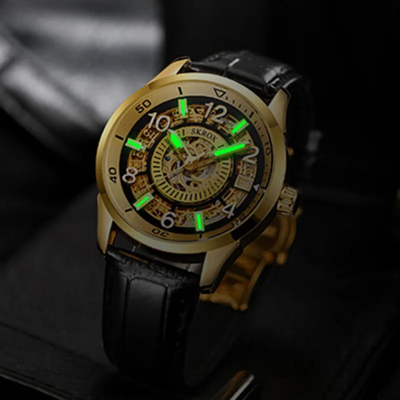 SKROX High Quality Luxury Skeleton Automatic Movement Elegant Men's Watch Mechanical Sapphire Glass Male Wrist Watches Leather 5