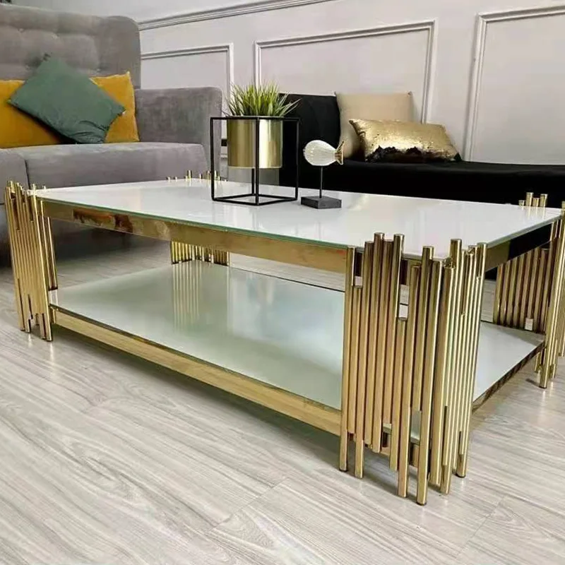 Polished electroplated high-low pipe hollow gold coffee table plated titanium gold stainless steel light luxury tea table