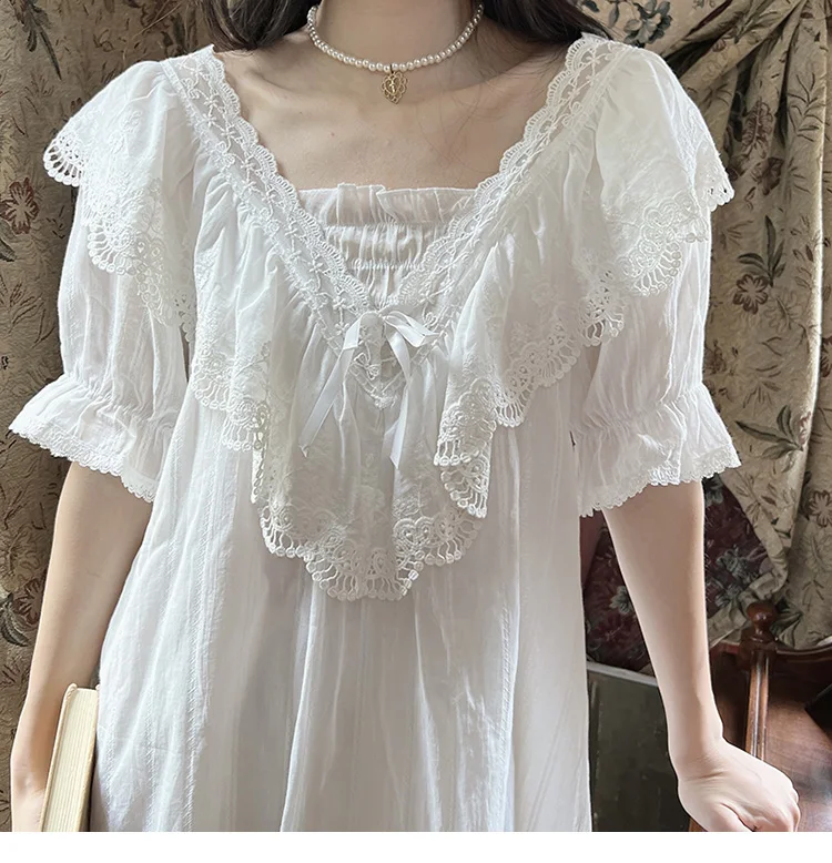 Palace princess style short-sleeved nightdress women's summer thin cotton cotton white pajamas lace edge home service