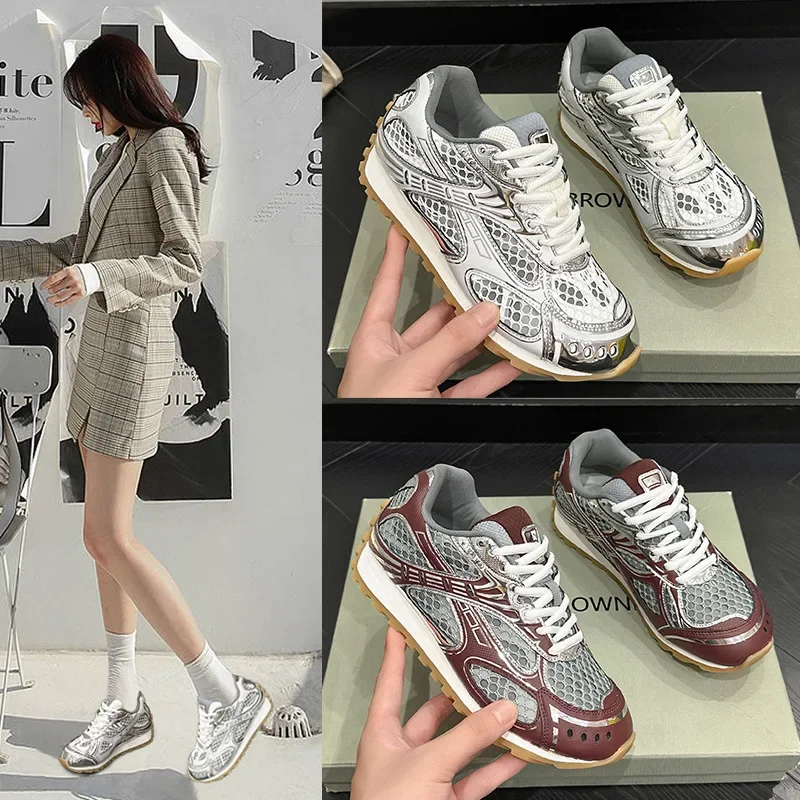 Women's luxury flat sneakers, patchwork leather shoes, optical sole, air mesh, running and walking, couples wear, fall 2024 6