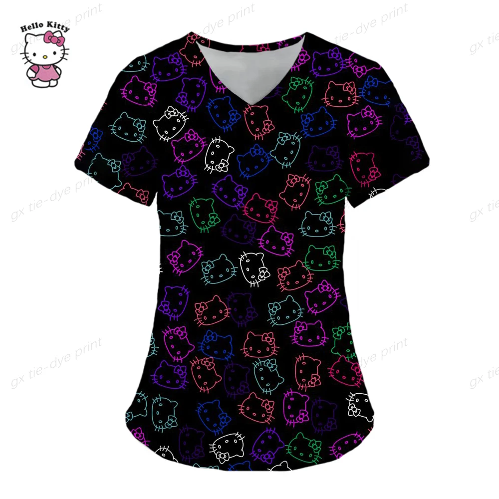 thumbnail image 1 of Camisetas de manga corta para mujer, uniforme de enfermera con estampado de Hello Kitty, cuello en V, bolsillo, para trabajadores de la salud, ropa de trabajo clínica, 1 of 5