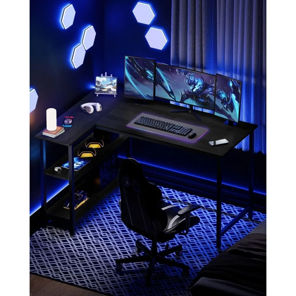 A modern gaming setup for gamers with a multi-monitor display, rgb lighting, and an ergonomic chair in a dark room, featuring an ergonomic L-Shape Desk to enhance the gaming experience.