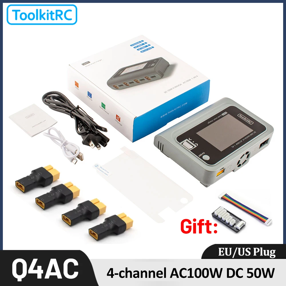 ToolkitRC Q4AC Charger XT60 Adapters 4x50W 5A AC 100W 4 Port DC Smart Discharger AC DC IPS Bright with Clear Wide Angle Display