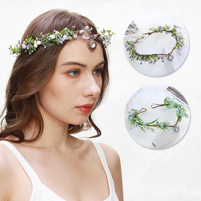 

Green Leaf Wreath Crowns Headband Women Hair Accessories Headdress Girl Floral Garlands Wedding Party Headwear With Pendant