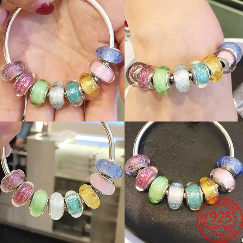 925 Sterling Silver Murano Glass Galaxy Stars Clover Heart Bubbles Shiny Beads Fit Pandora Charms Bracelet DIY Jewelry For Mum