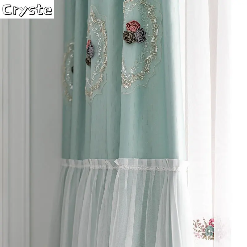 

Curtains for Living Room Luxury Bedroom Dining Custom European Princess Double Layer Green Embroidered Lace and Ready Curtains