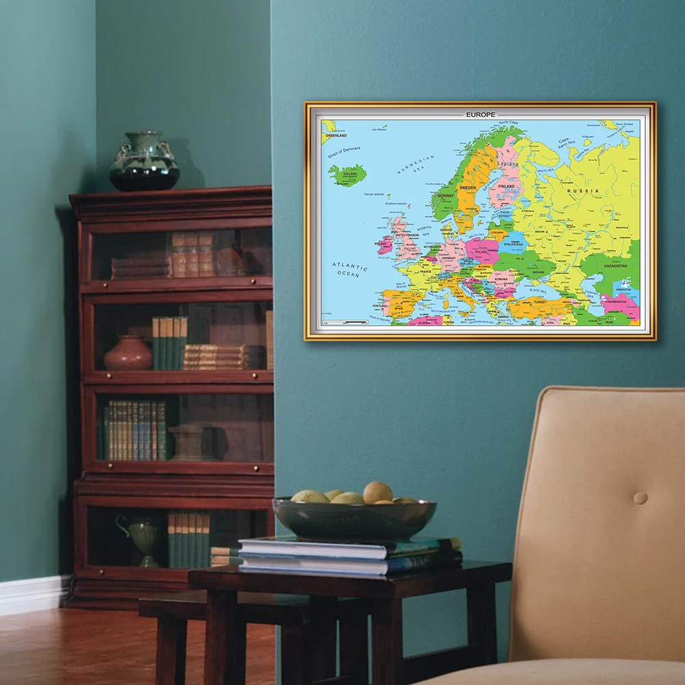 Mapa da Europa com Detalhes Wall Art Poster, Pintura em Canvas, Viagens e Material Escolar, Sala de aula Decoração, Decoração do lar, 59x42cm