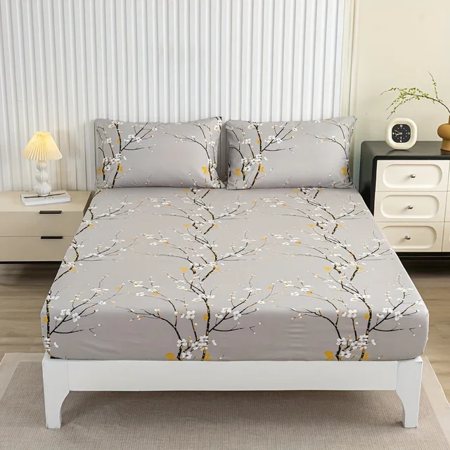 3pcs Printed Pattern Fitted Sheet Set, (1* Fitted Sheet + 2* Pillowcases, Without Core) 2