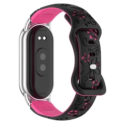 Silicone 3D Engraved Flower Bracelet - Breathable Watchband Strap - Miband 8 9 10 (Black Hot Pink)
