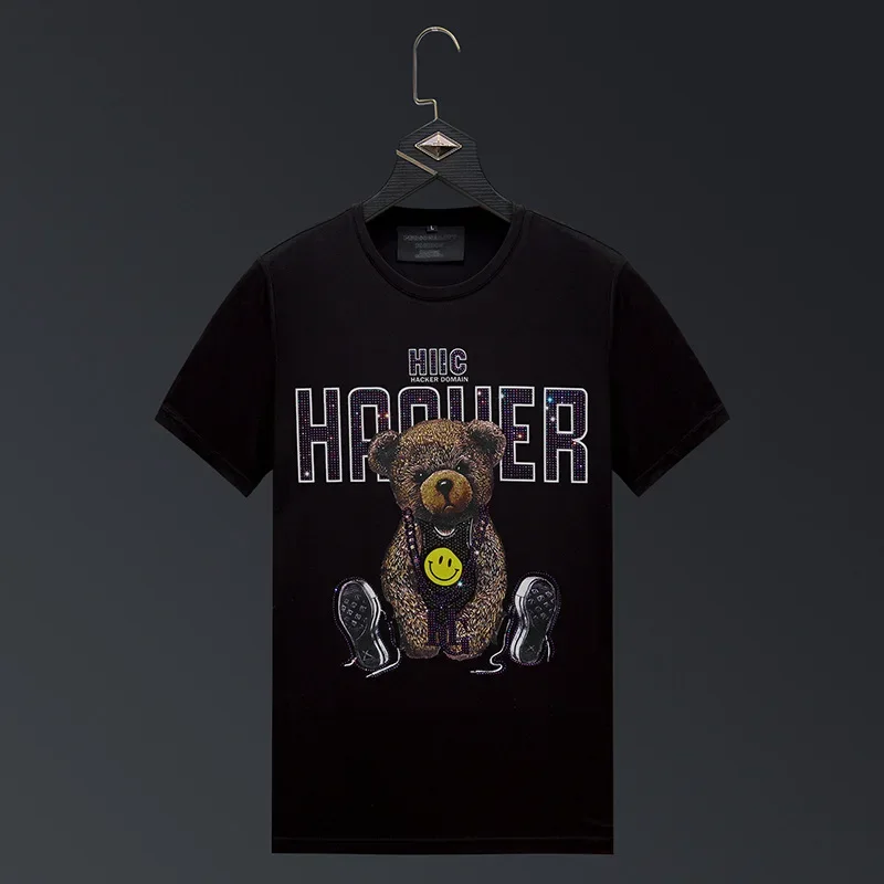 

Fashion Rhinestones Bear Printed T Shirts Men Clothing Summer Streetwear O Neck Short Sleeve Modal Thin Elastic Cotton T-shirts