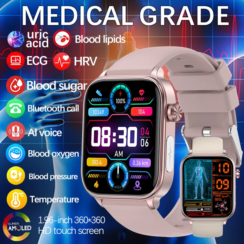 Smart Watch de açúcar no sangue não invasivo, Relógio inteligente de saúde original, Ácido úrico lipídico, ECG, PPG, BT Call, Novo, 2024, 2024