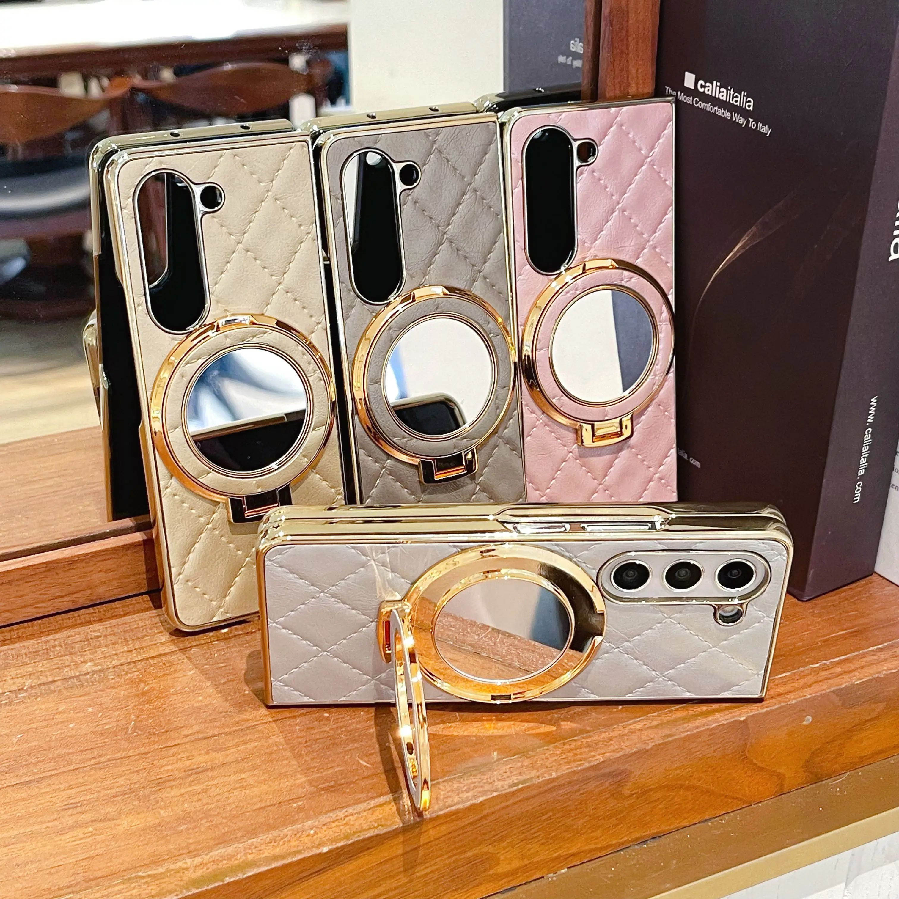 Luxury Leather Phone Case with Cosmetic Mirror Holder and Bracket