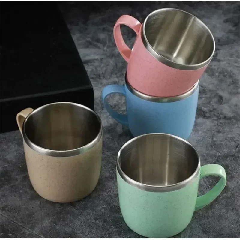 Hot Stainless Steel Cups With Handle, Double Layer Anti-scalding Wheat Straw Small Water Cup, Office Coffee Milk Tea Drink Mugs