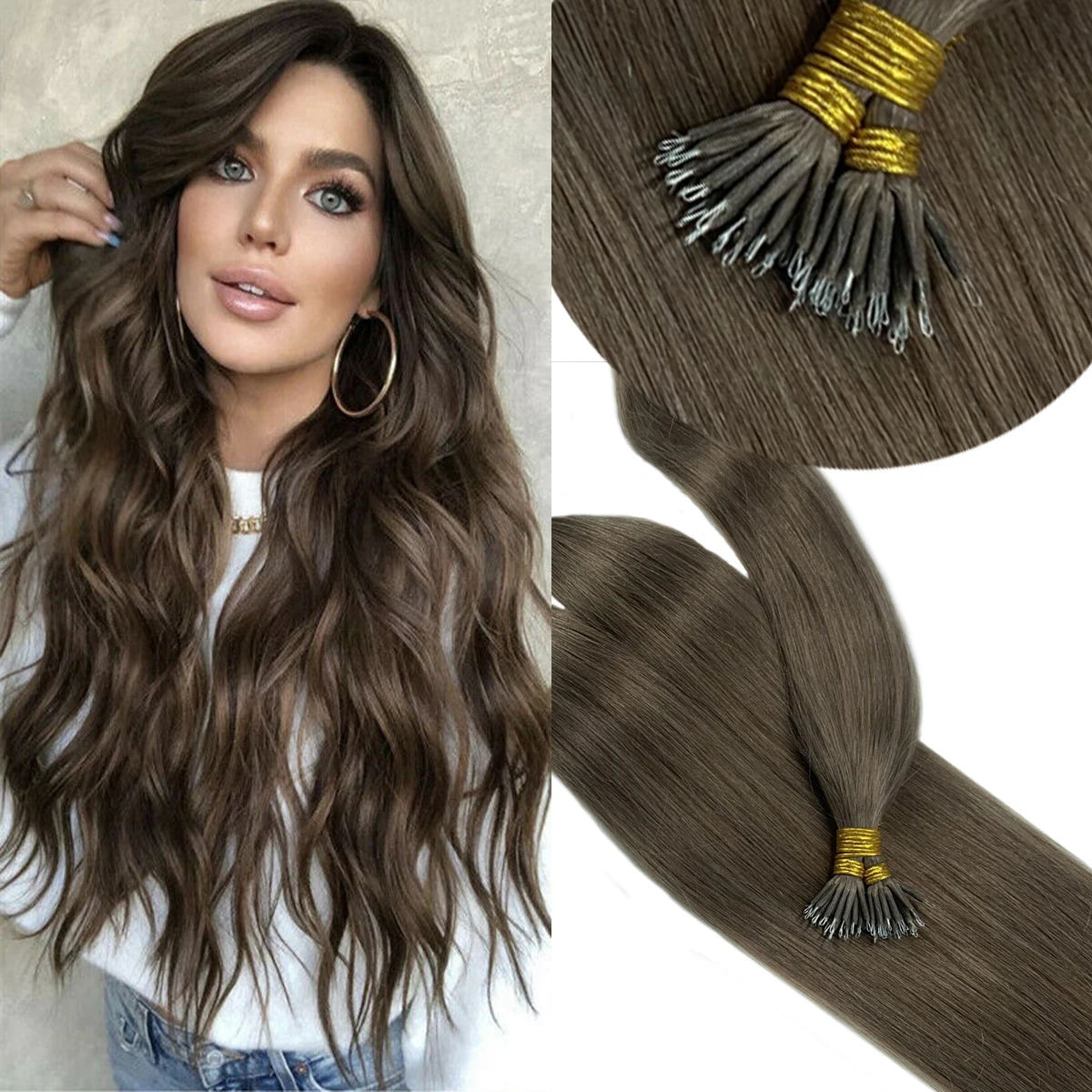 

NNHAIR 100% Human Hair Extensions Remy Hair Tip Nano Ring Micro Beads Real Hair 14Inches-24Inches 0.8G/S-1.0G/S 50S