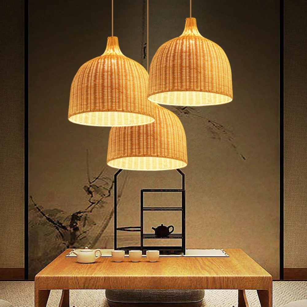 Hand Knitted Chinese Style Weaving Hanging Lamps 18/19/30cm Restaurant Home Decor Lighting Fixtures Bamboo Pendant Lamp 3