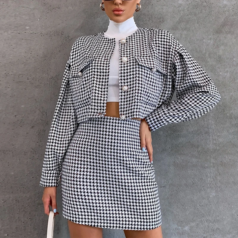 Legible Spring Autumn Women Sets Casual Plaid Short Jacket mini Skirts Two Pieces Woman women's skirt suit sets Suits & Blazers