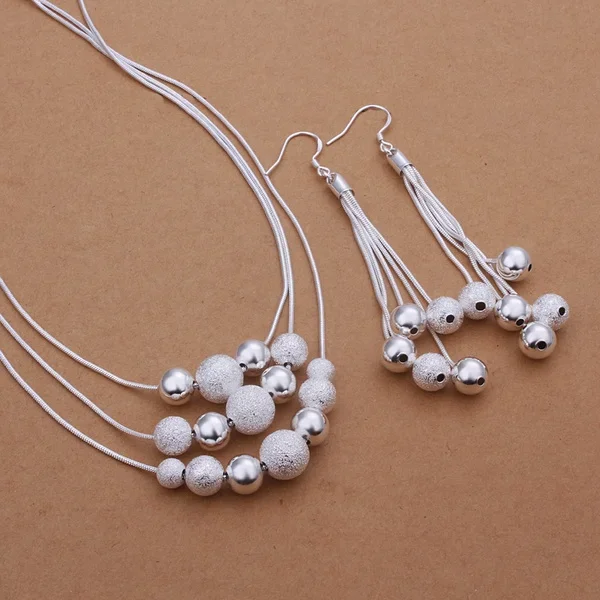 

Hot Christmas Gifts European Style Multi-chain Hanging Beads Necklace Drop Earrings Fashion Women Silver Color Jewelry Set