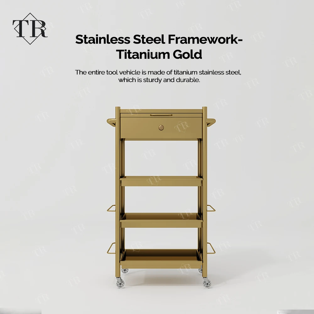 Turri Makeup Trolley Cart Stainless Steel Metal Gold Plated Salon Barber Trolley With Directional Wheels For Lash Beauty