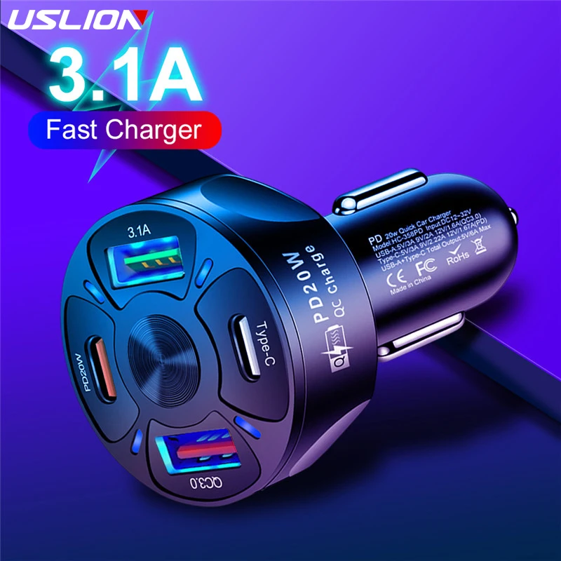 Phone charger Car charger Phone charger adapter Car phone charger USLION 4 Ports USB car charge PD 20W quick charge QC PD 3.0 fast charging for iPhone 13 Xiaomi Huawei phone charger in car