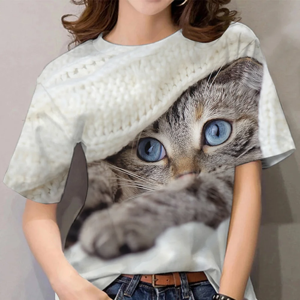 

Women new Tops Fashion Cat Print Y2k T-shirt Clothing Girls Kawaii Tee O-neck Animal Harajuku Pullover Summer Short T-shirt