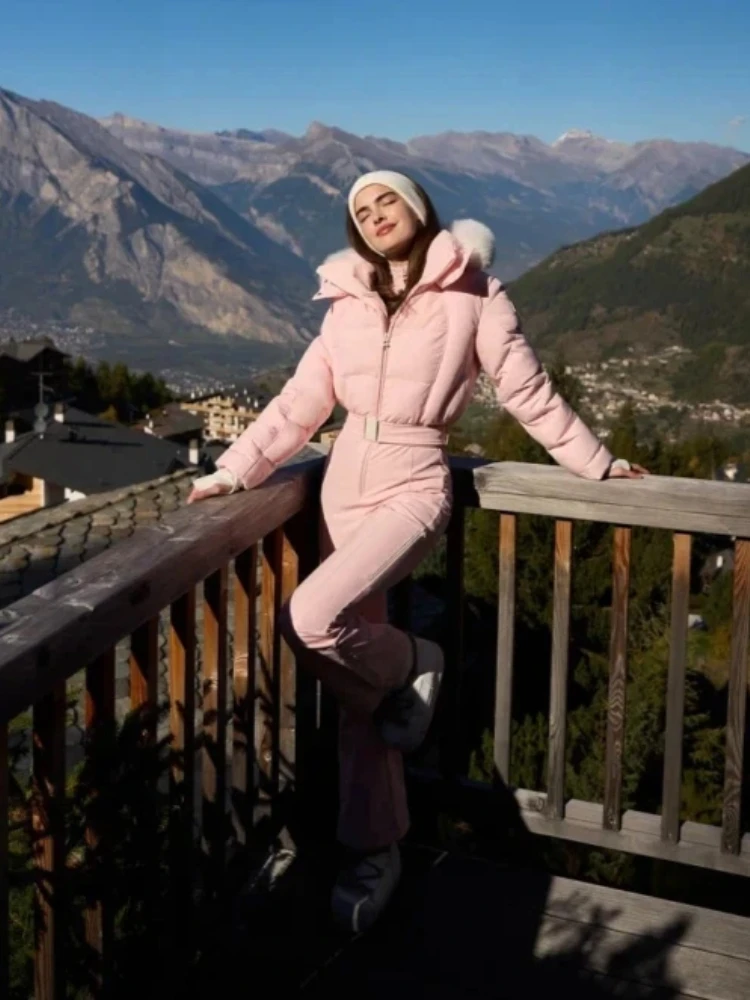 Combinaison de Ski femme fourrure épaissir fermeture éclair recadrée veste ceinture pantalon droit ensembles 2 pièces hiver femme combinaison de neige tenues pour l'extérieur