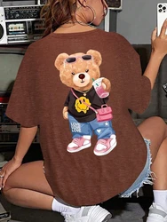 Women's Cotton T - Shirt with Cute Bear Print - Breathable Summer Loose Casual Crewneck Top - XXL (Brown)
