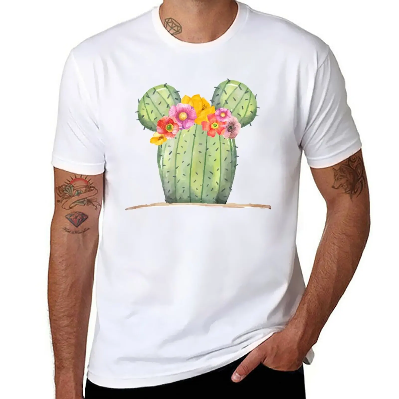 

New Mouse Cactus with Floral Crown T-Shirt heavyweight t shirts plus size t shirts men clothings