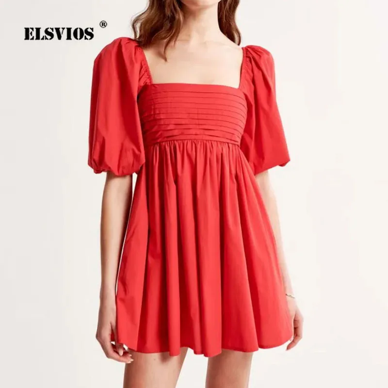 

Summer Solid Color Casual Pull Pleated Dress Elegant Square Collar Printing Mid Waist Short Dresses Fashion Party Women Vestidos