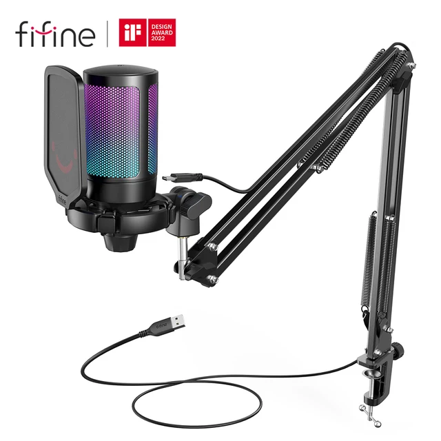 FIFINE의 USB 게임 마이크 키트 PC PS4/5 콘덴서 카디오이드 마이크 세트 음소거 버튼/RGB/암 스탠드, 스트리밍 Video-A6T