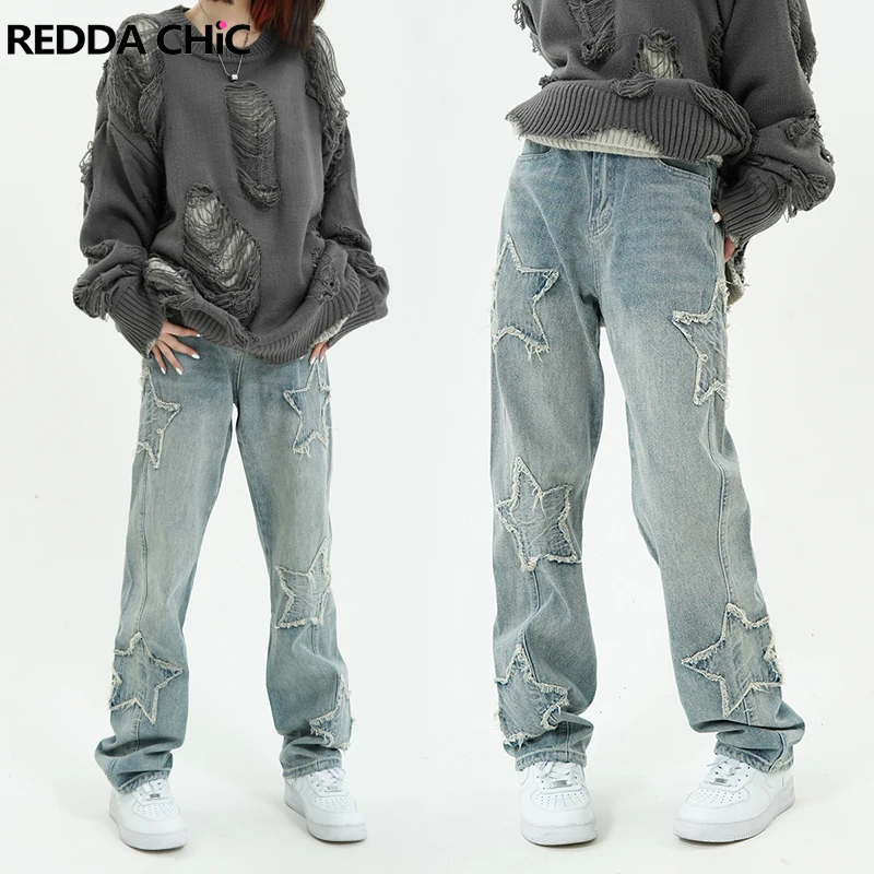 

ReddaChic Star Raw Edge Baggy Jeans Women Patchwork Vintage Wash High Rise Straight Wide Casual Pants Boyfriend Y2k Streetwear