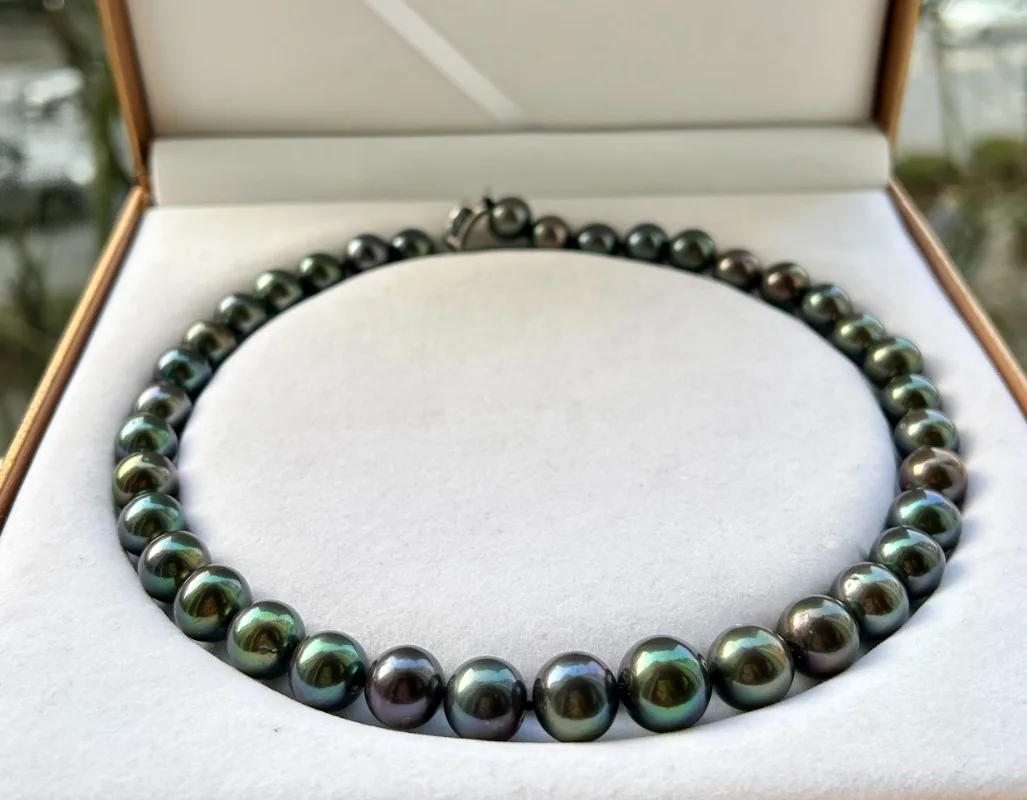 

Grace 17"10-14mm Natural Tahitian Genuine Black Peacock Round Pearl Necklace 925 Sterling Silver Jewelry