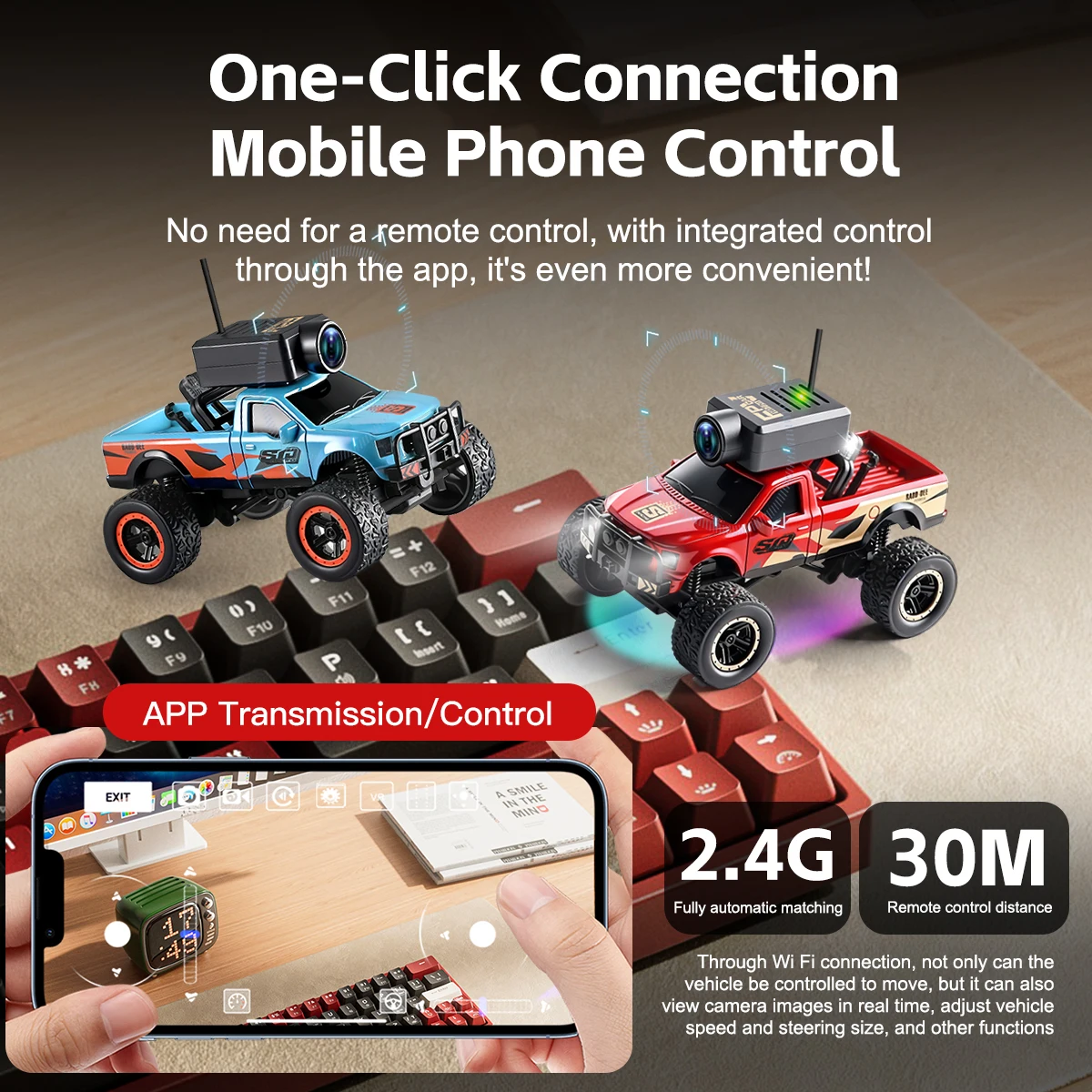 WLtoys 6407 1:64 스케일 미니 RC 자동차 장난감 모델 (리모컨 및 WiFi 앱 데스크탑 원격 카메라 제어 기능 포함)